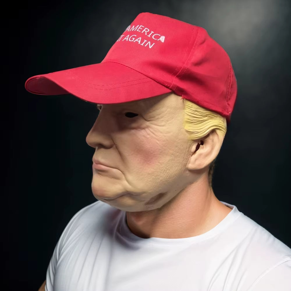 Donald Trump Mask Realistic President Latex Headgear Halloween Party Celebrity Cosplay Costume Props Yellow Wig Head Cover Mask