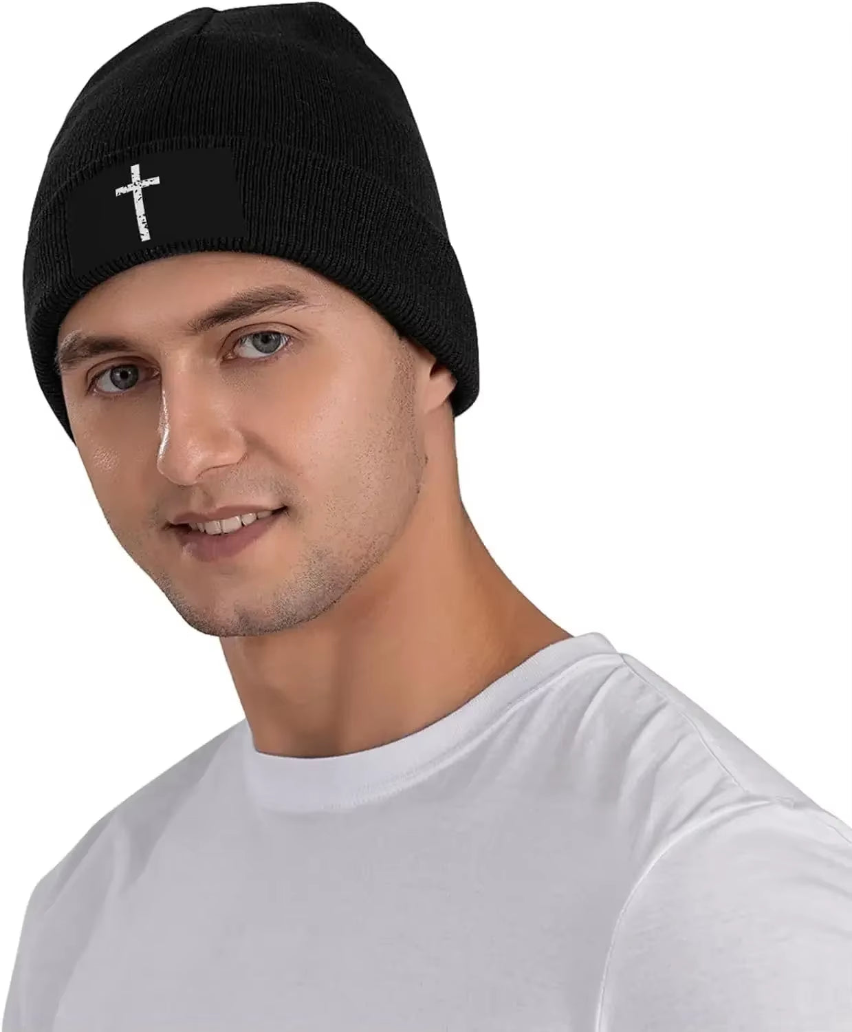 Christian Cross Beanie Hat for Women Men Winter Hat Cuffed Knit Skull Cap Warm Ski Hats