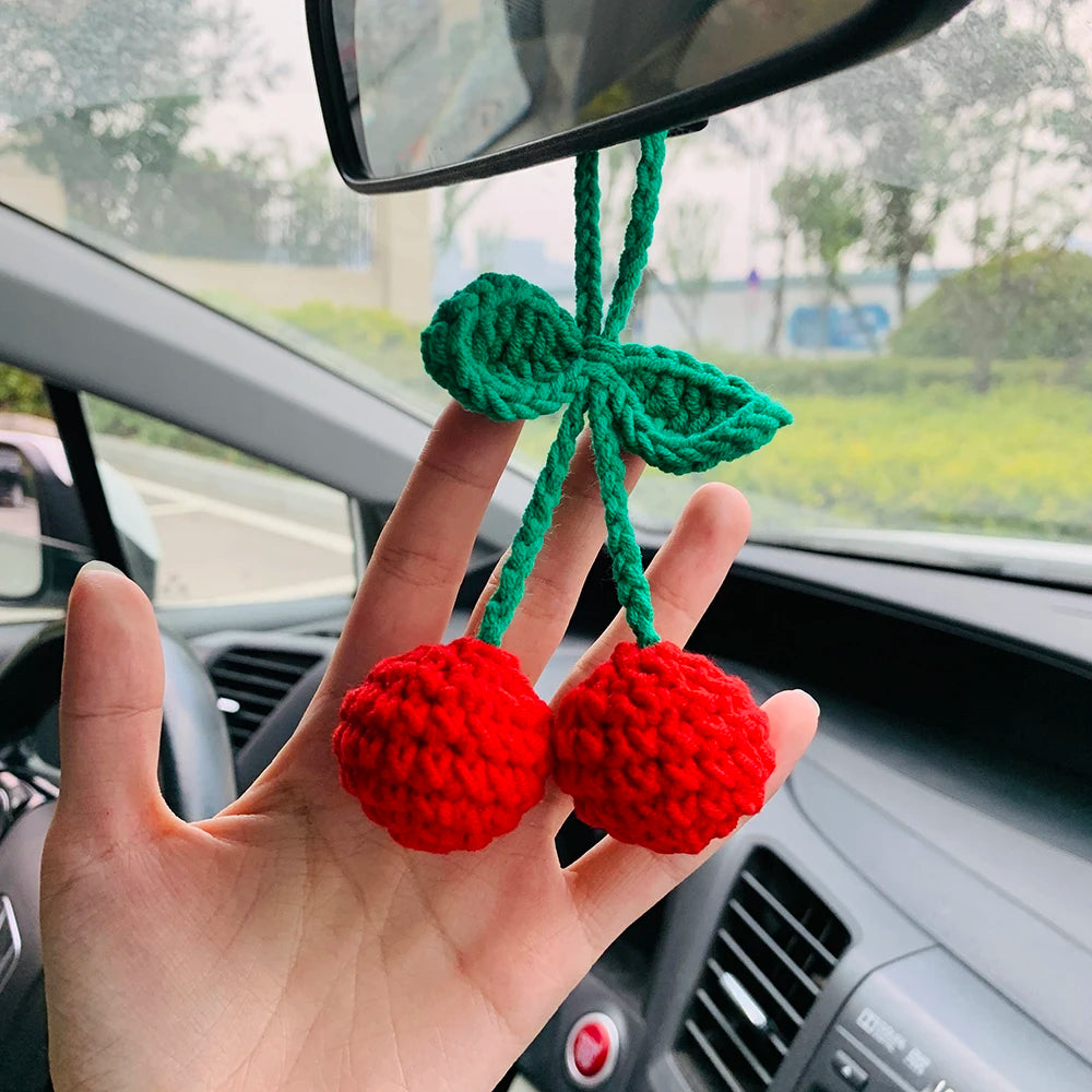 Cute Cherry Crochet Car Mirror Hanging Accessories for Women Teens Interior Rear View Mirror Animal Charm Decor