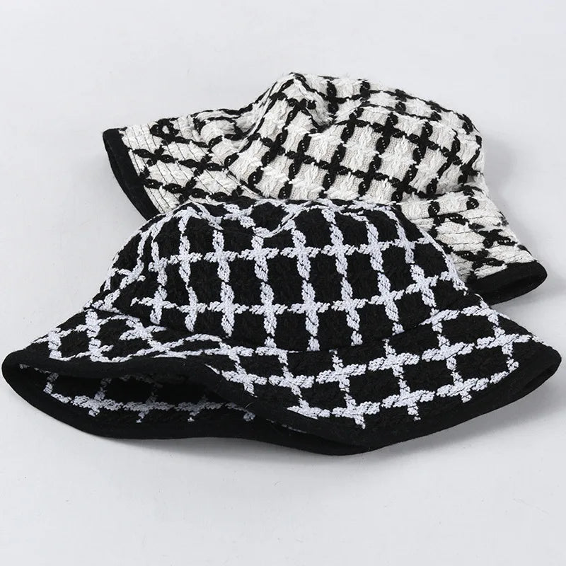 New Autumn Winter Women Bucket Hats Tweed Plaid Wide Brim Bucket Hats Panama Hats